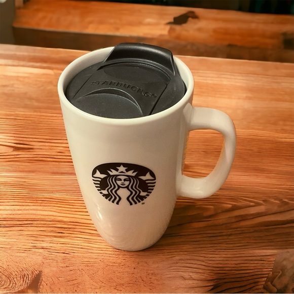 Starbucks White Ceramic Snap On Slide To Open Lid White 16 Ounce Mug! - Picture 7 of 9